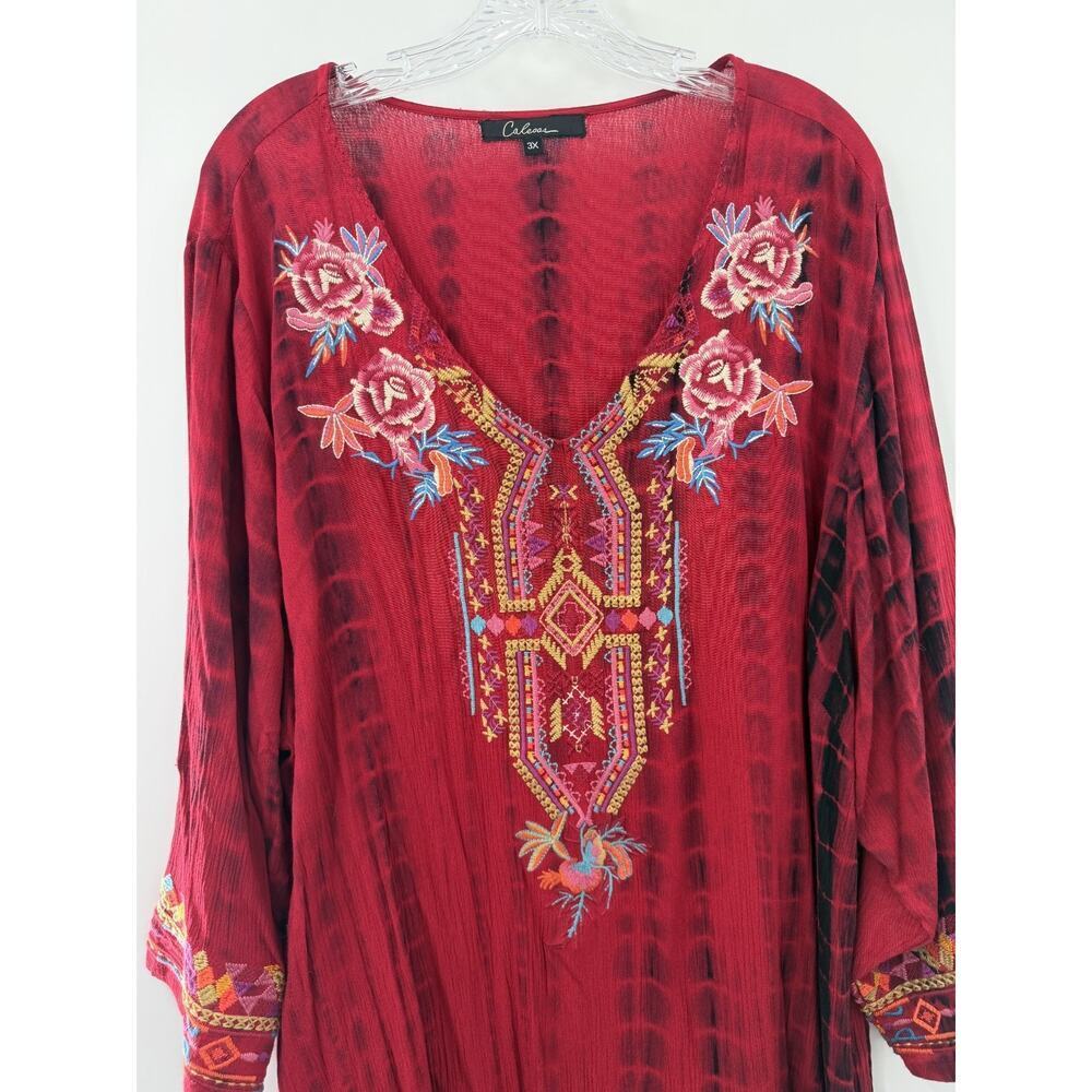 Calessa Women's Roll Tab Sleeve Embroidered V-Neck Tunic Top Size 3X Boho Party - Picture 2 of 9
